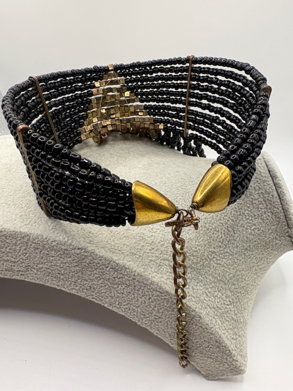 Black & Gold Beaded Fringe Collar Necklace Statement Piece 14-17” - Picture 4 of 8